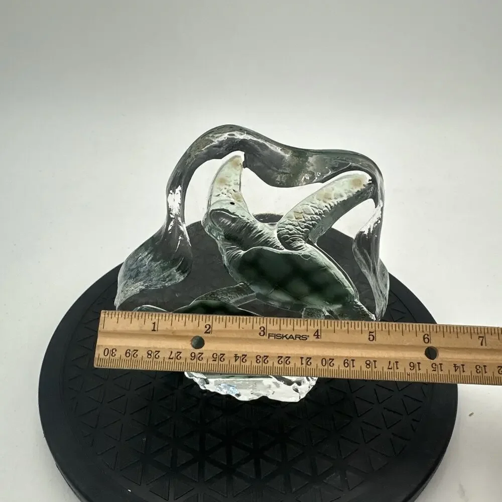 Vintage Clear Glass with Green Sea Turtles Paperweight
